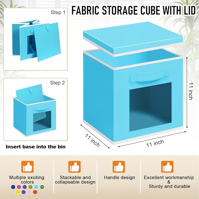 Threehoney 10 Pcs Fabric Storage Cubes with Lids and Clear Windows 11x11 Inch Foldable Closet Organizer Bins Aesthetic Rainbow Storage Bins for Shelves Dorm Essentials Craft & Office Organization