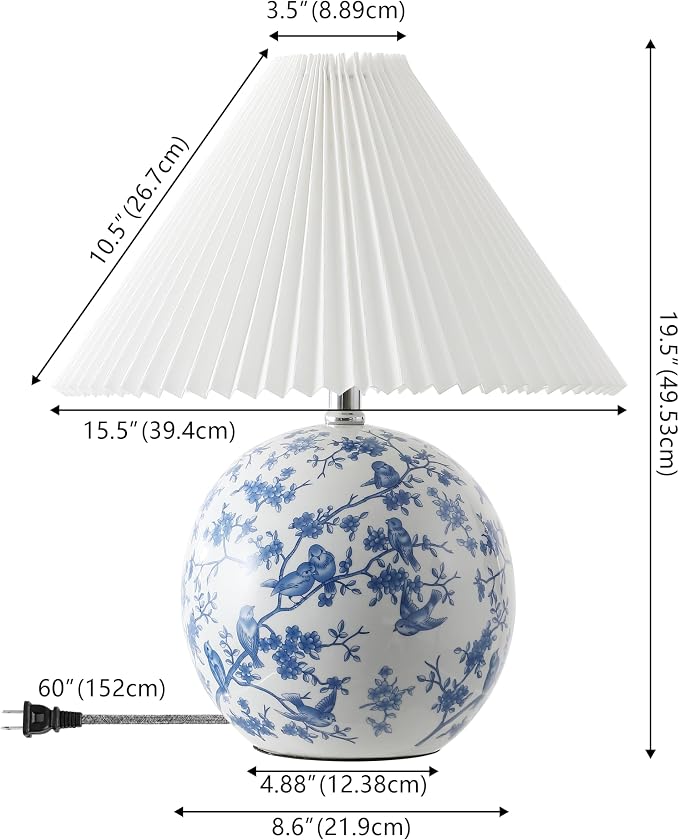 JONATHAN Y 19.5" White/Blue Shishen Chinoiserie Ceramic Table Lamp, Traditional Hand-Painted Floral Cottage Lamp with White Pleated Linen Shade, LED Bulb Included (JYL5056B)