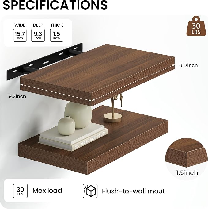 Heimlove 16 inchs Floating Shelves for Wall Set of 2,Walnut Shelf for Small Bathroom,Bedroom,Living Room,Kitchen,Modern Home Decor,Rustic Farmhouse Wall Shelves with Invisible Brackets