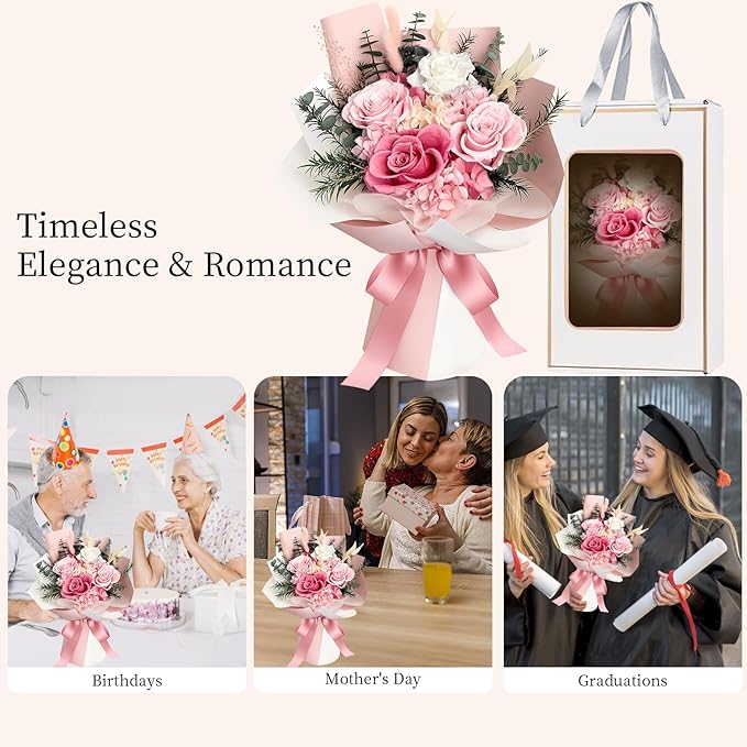 FNCHAI Flowers for Delivery Preserved Roses Bouquet Real Pink Forever Rose in Box Birthday Gifts for Women Wife Mother Day Anniversary Graduation (Pink)