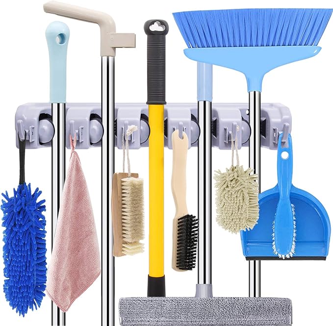 HYRIXDIRECT Broom Hanger Wall Mount Broom and Mop Organizer Wall Hanging Garden Tool Organizers Rack Garage Laundry Room Organizations and Storage with Hooks Heavy Duty