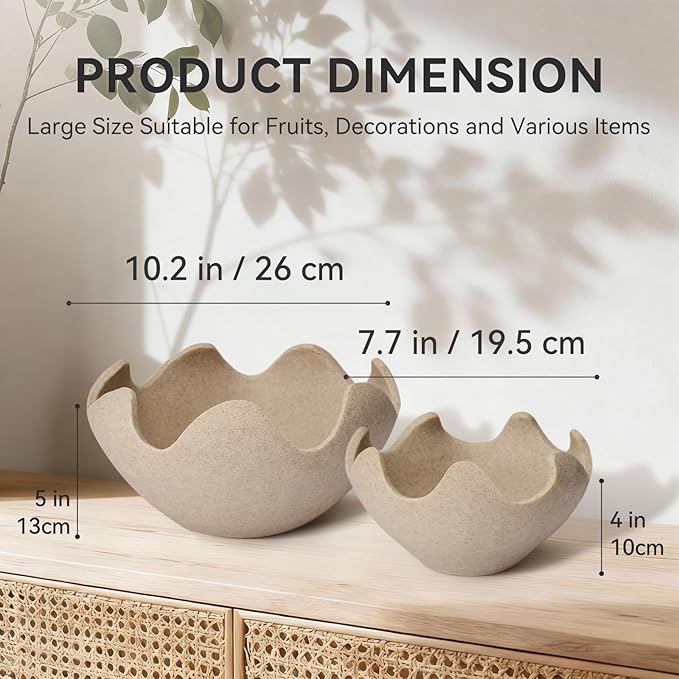 Wavy Decorative Bowl Home Decor - Set of 2 Modern Handmade Decorative Fruit Bowl for Kitchen Counter, Creative Centerpiece Decor for Entryway Table Coffee Table, Artificial Stone Beige