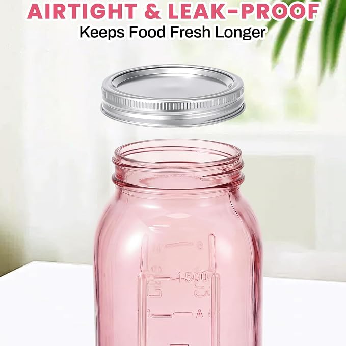 Norme 6 Pcs 64 oz Glass Mason Jars Glass Mason Jars Canning Container Set Embossed Half Gallon Fermenting Container with Airtight Lids for Canning Freezing Preserving Beverages Decor (Pink)