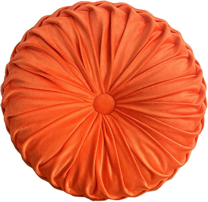Greenjin 15" Round Pillow for Couch, Circle Velvet Pleated Throw Pillow,Decorative Round Floor Cushion,Pumpkin Chair Cushion for Bed Chair Car Sofa Home Decor Orange