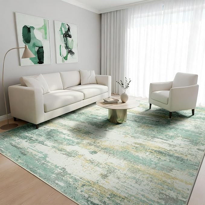 Rugflix 8x10 Area Rugs for Living Room, Washable Large Rug Stain-Resistant Low Pile, Modern Carpet for Dining Room Home Office Kid Room Nursery Bedroom, Light Green