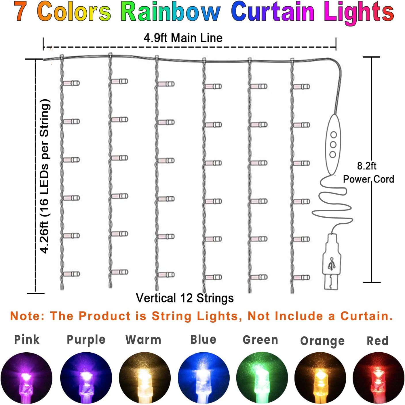Rainbow Fairy String Curtain Lights with Remote, Twinkle LED Icicle Rainbow Lights Curtain for Girls Room, Bedroom, Teen Room, Kids Room, Unicorn Room, Party, Holiday Décor (Rainbow)