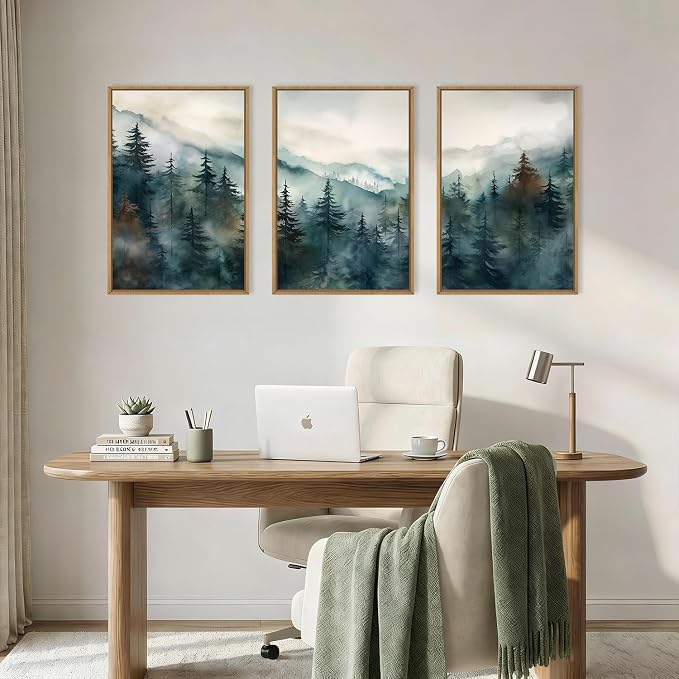 KAIRNE Watercolor Misty Forest Framed Canvas Wall Art Set, Nature Landscape Wall Decor, Foggy Mountain Pine Trees Wall Painting, Jungle Scenery Artwork for Living Room, Bedroom, Office-24 x36 x3