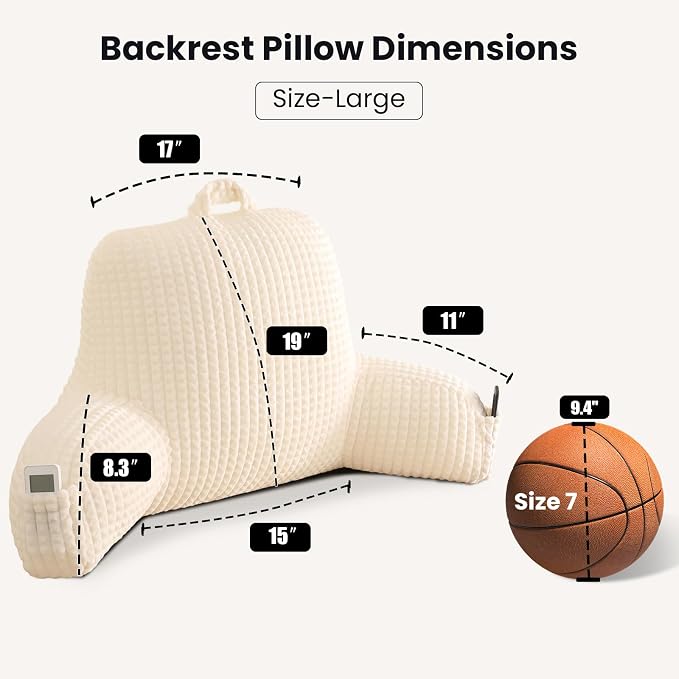 Reading Pillow with Arms for Bed Sitting,White Flannel | Large Supportive Backrest Helps Ease Neck,Shoulder & Arm Strain While Gaming Reading or Watching TV