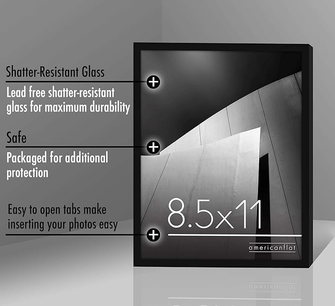 Americanflat 8.5x11 Picture Frame with Shatter-Resistant Glass - Streamline Collection - Thin Border Photo Frame for Tabletop and Wall Display - Hanging Hardware and Easel Stand Included - Black