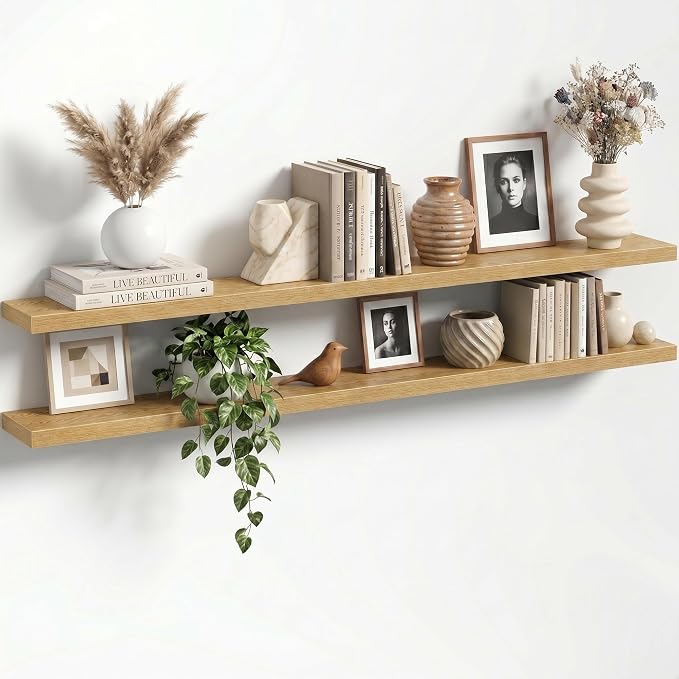 72" Floating Shelves for Wall, Set of 2, 8" Deep, 1.5" Thick, Oak Finish | Rustic Wood Wall Shelves with Invisible Brackets, Storage and Display for Bathroom, Bedroom, Living Room or Kitchen