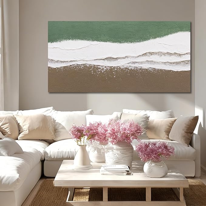 ZUNARE Abstract Green and White Wall Art Modern Canvas Painting with Soft Flowing Texture, Neutral Brown Tones Calming Artwork for Living Room Bedroom Kitchen Office Wall Decor 24"x48"