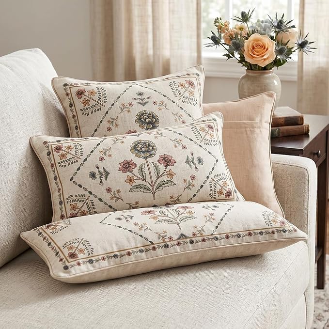 ISAENNE Designer Linen Throw Pillow Cover,Set of 2,28"x12"-Cornucopia B | Elegant French Rectangle Pillow Cover,Concealed Zipper Design,Floral Pattern,Sofas,Bedroom,Living Room,Lounge Chairs