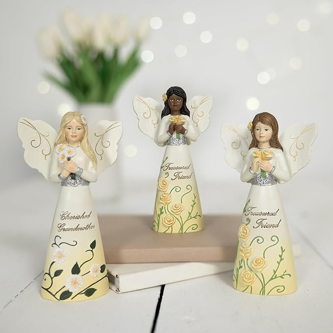 Pavilion Gift Company - Treasured Friend - 5" Ebony African American Angel Figurine Floral Spring Home Decor Bestie BFF Best Friend Present