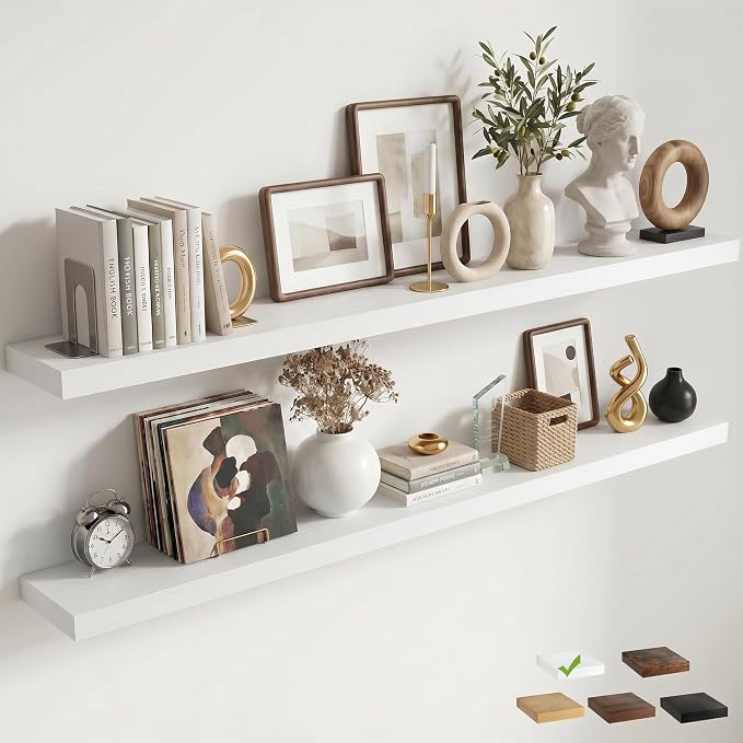 72 Inch Floating Shelves for Wall, 8"D Wood Storage Shelves, White Finish | Engineered Wood, Invisible Bracket, Large Storage, Easy Install, Hold Up to 99lbs, Living Room, Bathroom, Bedroom, Kitchen