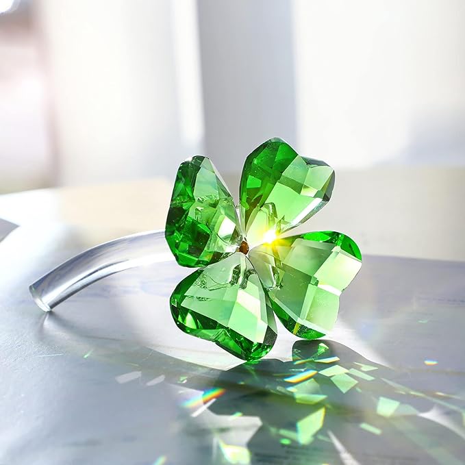 HDCRYSTALGIFTS 4'' Crystal Flower Dreams Four Leaf Clover Figurine Collectibles Green Crystal Glass Statue Ornament Lucky for Mom Women Car Table Shelf Decorations,Green