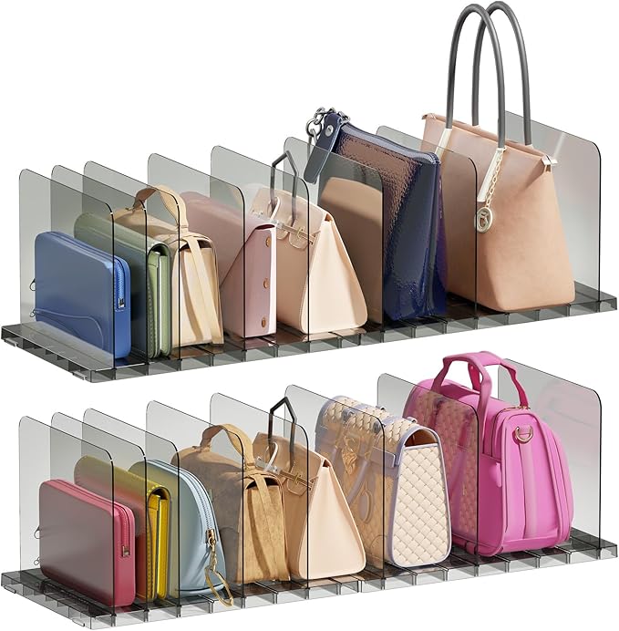 PAVSTINE Purse Organizer for Closet, Stackable Handbag Storage Shelf, Adjustable Clear Shelf Dividers, Keep Clutch, Bag, Pocketbook Upright, for Bedroom (Black)
