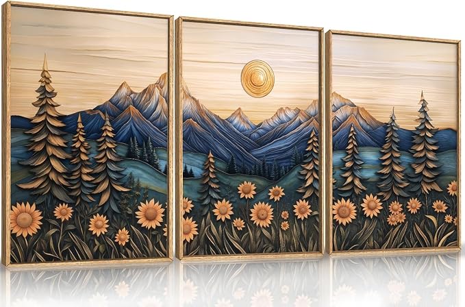 Vintage Woodcut Style Mountain Framed Canvas Wall Art Set, Natural Forest Pine Tree Sunflower Wall Decor,Abstract Sunrise Botanical Landscape Artwork for Living Room,Bedroom,Office-24 x36 x3