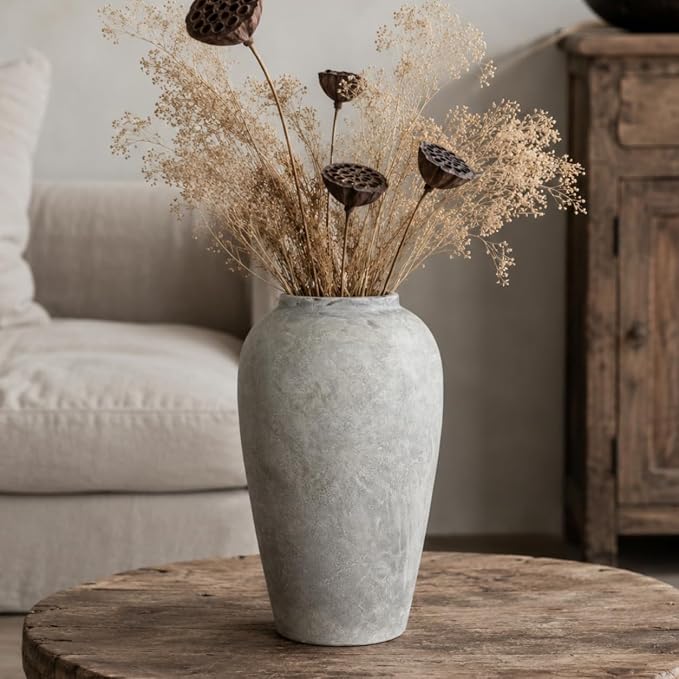 12 Inch Ceramic Rustic Farmhouse Vase, White Grey Handmade Pottery Vase for Living Room & Home Decor, Rustic Flower Vases for Table Centerpieces & Shelf Decoration, Wedding Gifts