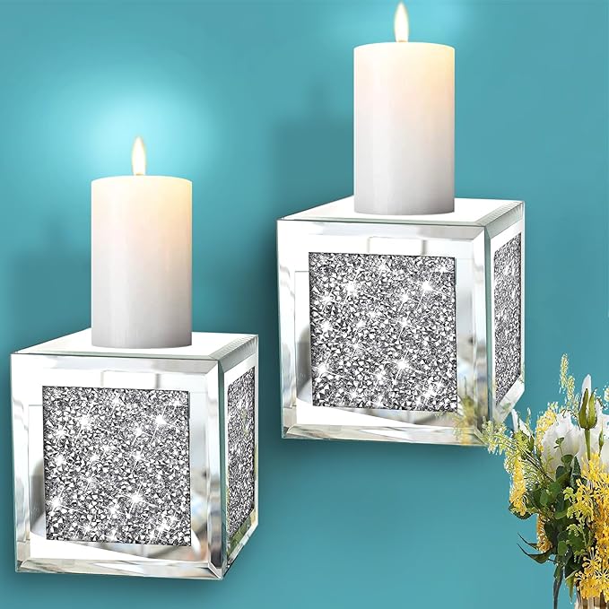 ZOLAPI Set of 2 Crystal Crush Diamond Candle Sconces, Gorgeous Silver Mirrored Wall Sconce, Candle Holder Glass Wall Decorations for Home Décor, Living Room, Dining Room. Floating Shelves