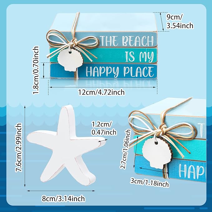 Pinkunn 4 Pcs Beach Themed Room Decor, Blue Starfish Seashell Coastal Block Wooden Block Beachy Centerpiece Decorative Signs & Plaques for Summer Home Office Desk Shelf Home