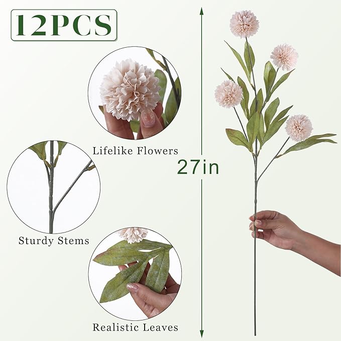 VIERENA 12 Pcs Faux Silk Pompon Mum Artificial Flowers for Vase -27", Bulk Fake Chrysanth Branches with Stems for DIY Bouquet Centerpieces Wedding Fillers Arrangements Shower Decorations (Beige)