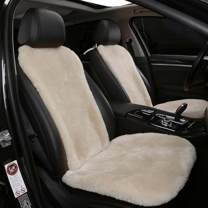 Dotesy 2 Packs Genuine Australia Sheepskin Auto Front Seat Cushion Natural Wool Car Seat Cover Protector Pad Soft Warm Winter Universal for Women Office Chair Car Décor