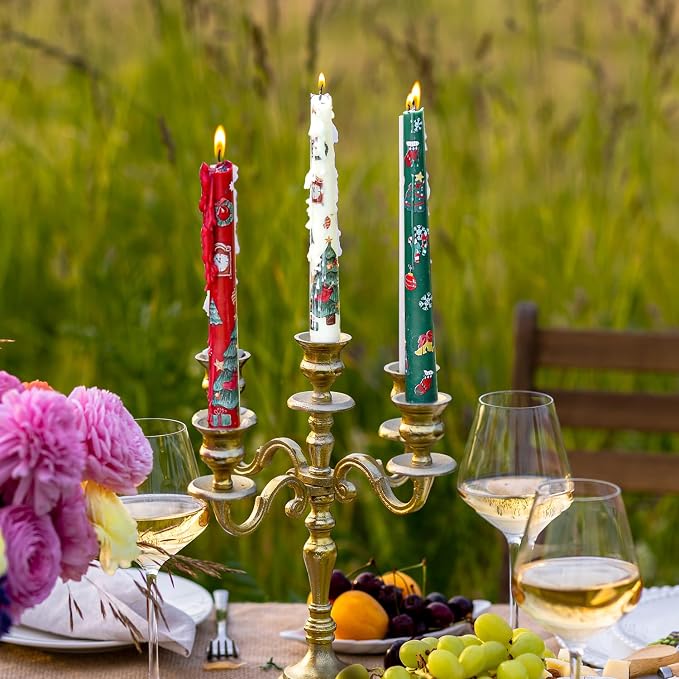 Sungmor Christmas Taper Candlesticks, Beautiful 3-Color Decal Crafts, 10" Long Decorative Candles, Scented & Colored Tall Candlesticks, Long Burning & Smokeless Tapered Holiday Party Celebrate Candle