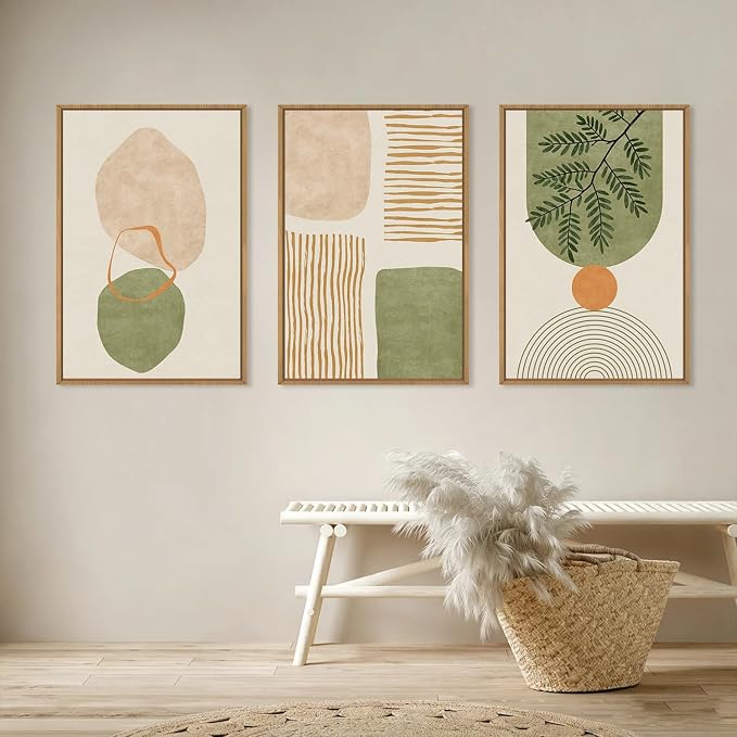 Large Boho Sage Green Framed Canvas Wall Art Set,Abstract Minimalist Geometric Line Wall Decor,Modern Mid Century Beige Leaf Artwork for Living Room,Bedroom,Dining Room,Office-24 x36 x3