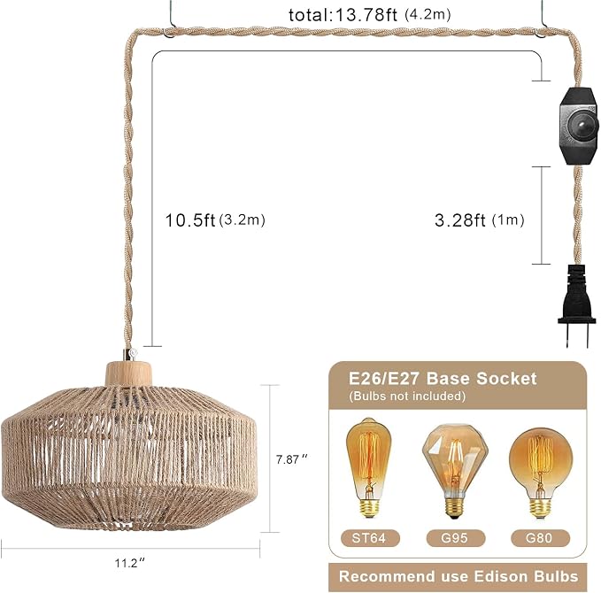 Coastal Woven Plug in Pendant Light with 14ft Handmade Hemp Rope Light Cord, Dimmable Switch, Natural Basket Hanging Lamp for Bedroom Kitchen Island Decor Farmhouse Living Room
