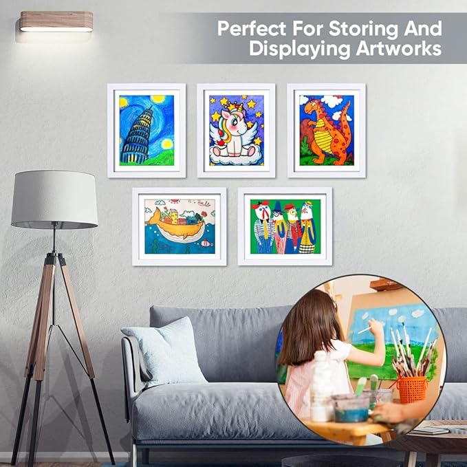 Kids Art Frames - Changeable Front Opening Holds 150, 10x12.5 Picture Frame for Displaying Kids' Artwork, Drawing, With Storage (White)