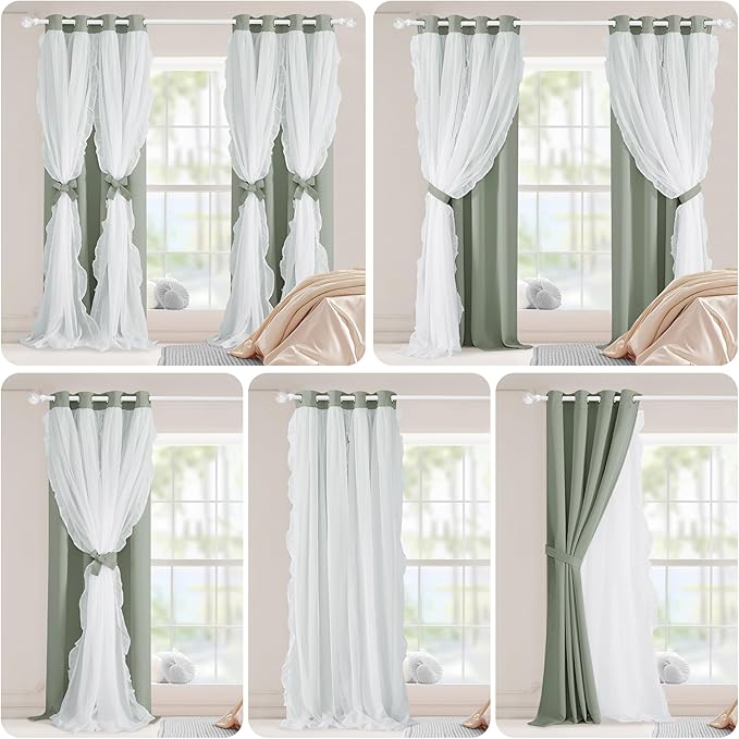 PONY DANCE Blackout Curtains for Living Room Decor Window Treatment Double Layer Drapes Ruffle Sheer Overlay Farmhouse Rustic Design, W 52 x L 63 Inches, Sage Green, 2 Panels