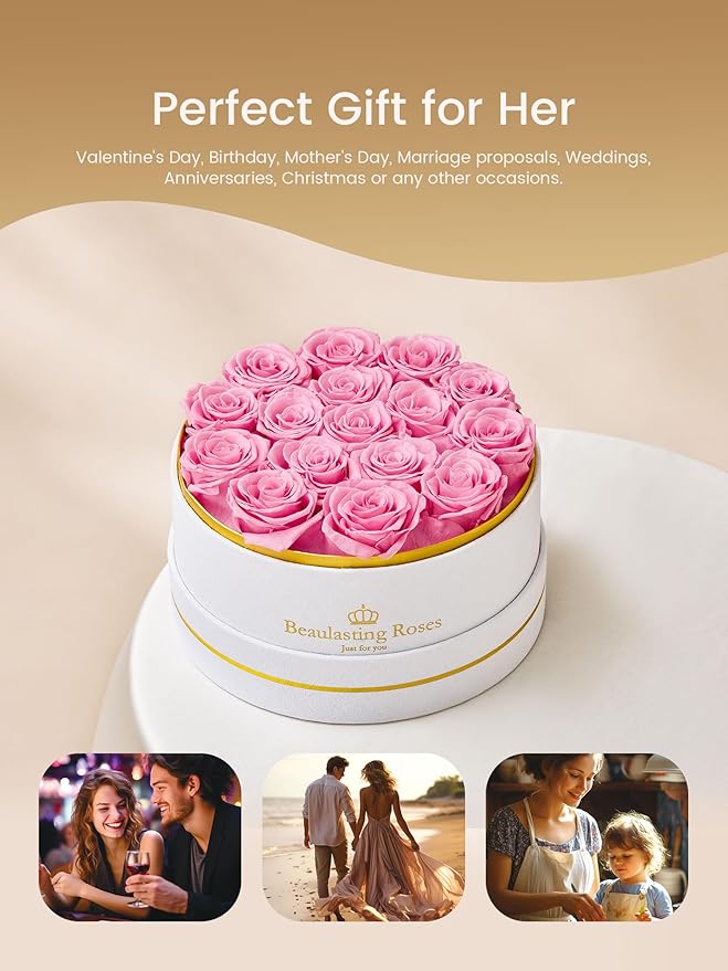 16 Preserved Roses Forever Flowers Real Roses in a Box Mother's Day Birthday Flowers for Her Mom Women Wife Valentine's Day, Pink Roses