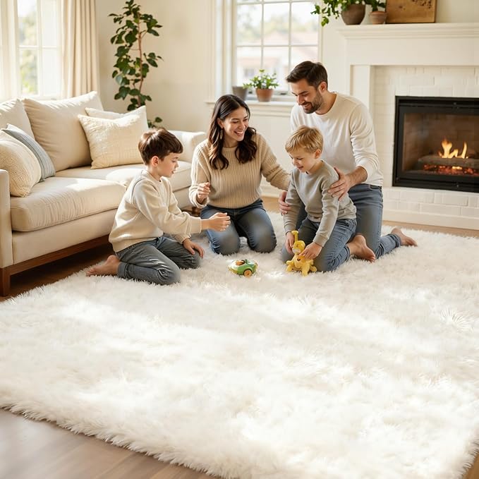 5x7 Area Rug for Living Room, Ultra Soft Fluffy Shag Rugs for Bedroom, Non-Slip Large Fuzzy Plush Rug Indoor Floor Carpet for Nursery Kids Office Dorm Modern Decor, White