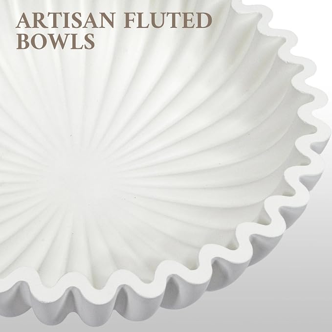 MAONAME Concrete Decorative Bowl, White Fruit Bowl for Kitchen Counter, Modern Handicraft Coffee Table Key Bowls, Large Scalloped Ruffle Bowls for Entryway, Home Decor