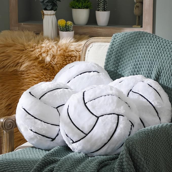Gerrii 4 Pcs Sports Throw Pillows Basketball Softball Football Soccer Volleyball Tennis Pillow Fluffy Stuffed Plush Cushion Gift for Senior Night Home Bedroom Decor Birthday Present (Volleyball)