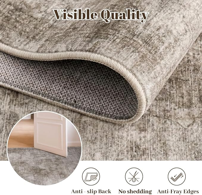 Homemate Washable Rug 8x10 Area Rugs - Vintage Faux Wool Rugs for Living Room Bedroom Dining Room - Non Slip Foldable Carpet Indoor Area Rug for Home Decor（8'x10', Brown