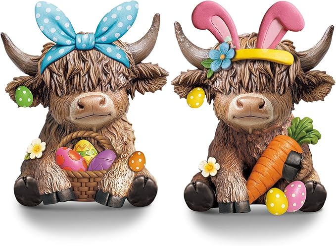 Karenhi 2 Pcs Easter Highland Cow Figurines Bunny Eggs Basket Highland Cow Gnomes Pink Rabbit Scottish Resin Statue Calf Lovers Gifts for Spring Home Kitchen Office Tiered Tray Table Decor