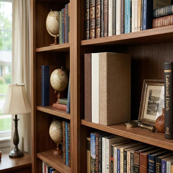 DECOR4SEASON Modern Linen and Wood Decorative Book Boxes, Set of 3 Earthy Neutral Faux Books for Bookshelf Decor, Coffee Table Storage Trays for Remotes & Jewelry, Brown, Taupe, and Off-White