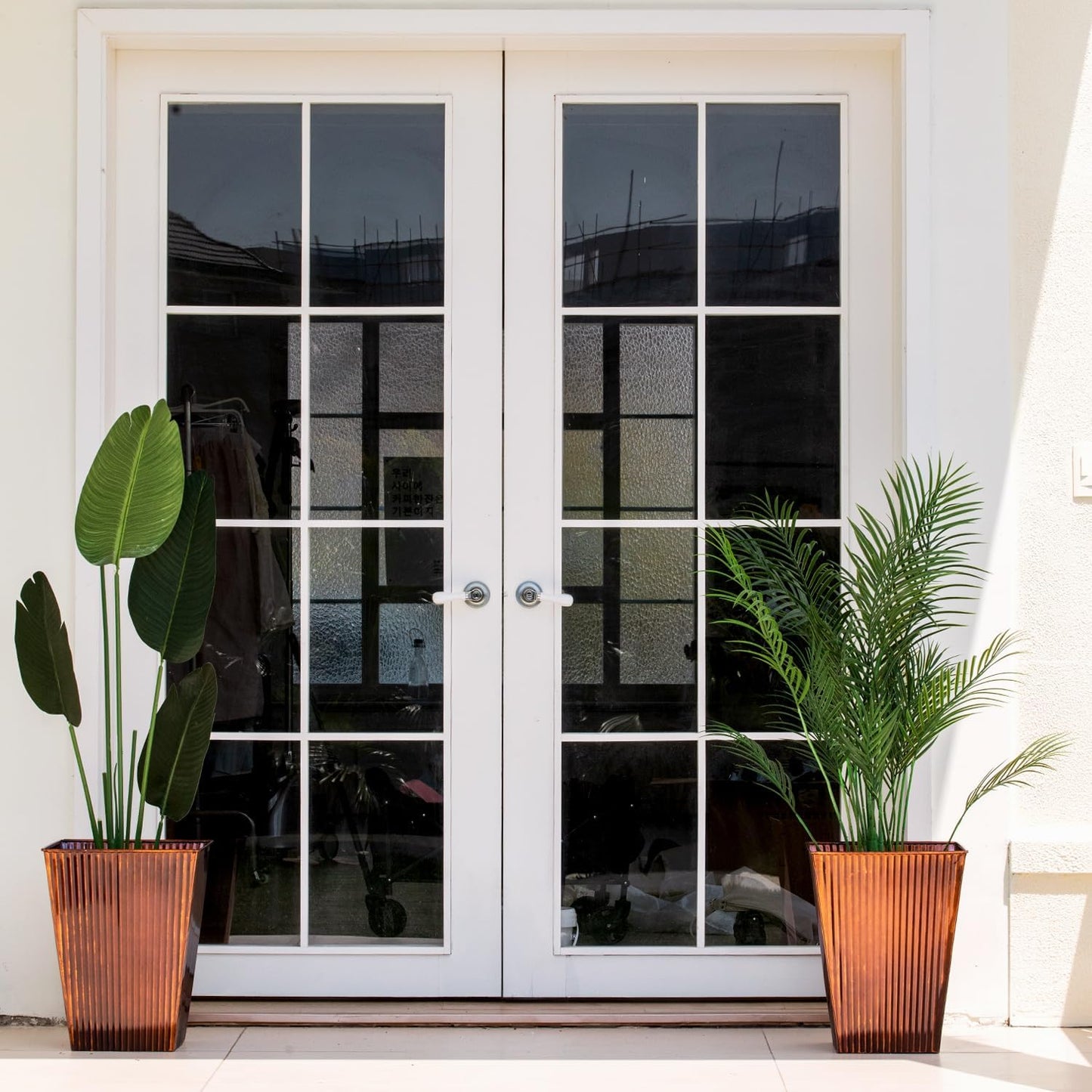 18in Vintage Handmade Metal Vertical Lines Copper Tapered Planters Set of 2, Galvanized Steel Planter Box with Drainage Hole for Indoor/Outdoor/Porch/Garden