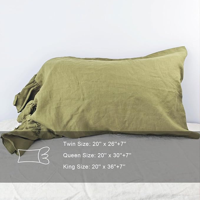 Olive Green Ruffles Linen Pillowcase, 100% French Linen Pillow Cover, King Size 1 Piece Farmhouse Shabby Chic Pillow Case, 20''x36'' Pillowcase with Decorative Ruffle Envelope Closure