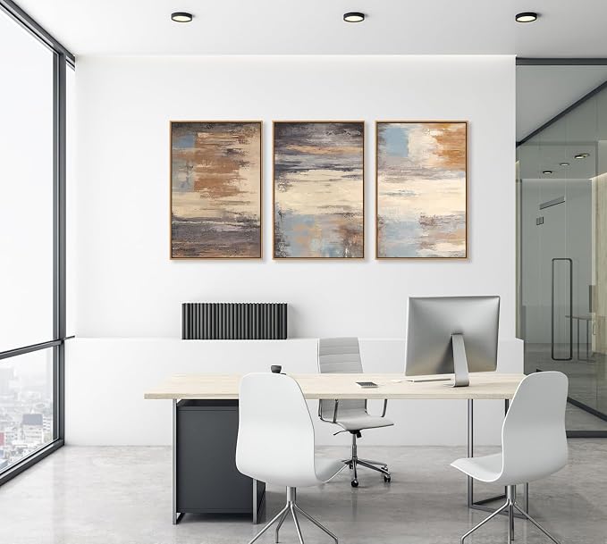 Large Framed Canvas Wall Art - Natural Float Framed Abstract Colorful Pictures for Living Room Decor Contemporary Brown Beige Grey Lines Artwork for Bedroom Home Office Decoration 48" X 24" Set of 3