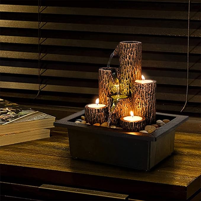 Small Indoor Relaxation Tabletop Fountain, Zen Meditation Waterfall Feature with Color LED Light & Natural Rocks, 4 Level Desk Waterfall for Home Office Bedroom Living Room Decoration (Style 4)