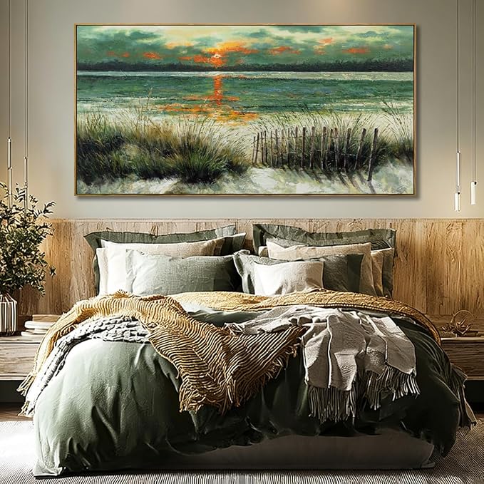 Large Abstract Green Framed Canvas Wall Art,Neutral Sunrise Beach Sea Ocean Pictures,Modern Minimalist Artwork for Living Room,Bedroom,Dining Room,Office-29 x58