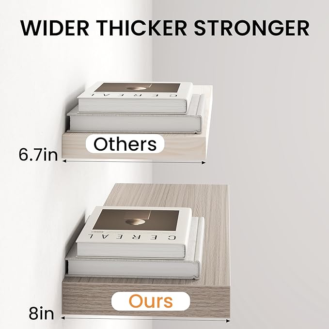 Fun Memories 48Inch Floating Shelves for Wall, 8 Inch Deep Shelves for Bathroom|Bedroom|Kitchen, Large Wall Mounted Wood Hanging Shelf with Invisible Brackets for Home Storage Decor, Grey - 2 Pack