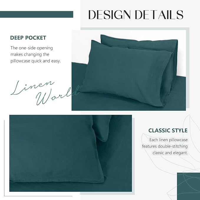 Linen World Linen Pillow Cases King Size - 20"x40" Set of 2,100% French Flax Pillowcase,Soft Breathable Natural Pillow Covers,Midnight Green
