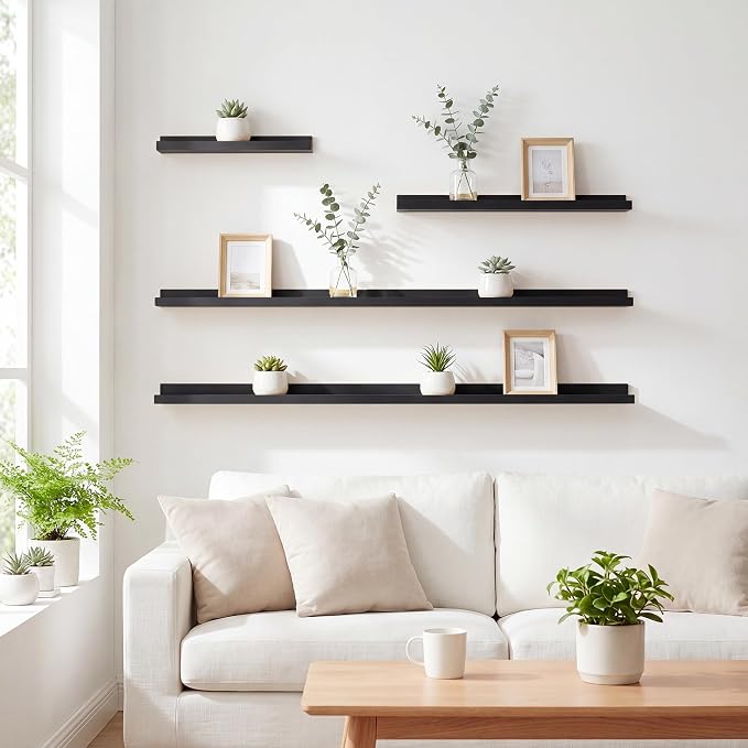 Acovy Floating Shelves Set of 6, 24 Inch Wall Mounted Picture Ledge Shelf with Lip, Black Display Shelves for Living Room, Bedroom, Nursery, Bathroom & Kitchen