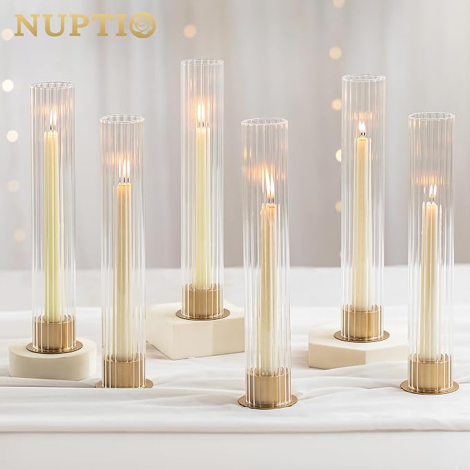 NUPTIO Candlestick Holder with Fluted Hurricane: Set of 6 Metal Candle Holders with Glass Cylinders - Gold Taper Candleholders for Birthday Valentine Wedding Table Centerpiece Outdoor Decor