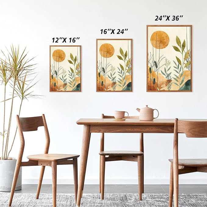 CHDITB Boho Botanical Framed Canvas Wall Art Set, Minimalist Nature Plant Wall Decor, Abstract Sun and Wildflower Painting, Neutral Green Plant Art Prints for Living Room Bedroom Kitchen 16"x24"x3