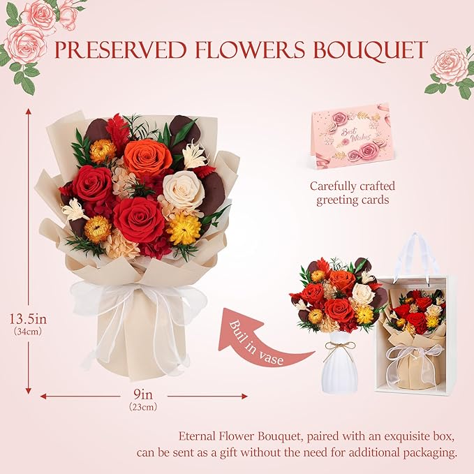 Preserved Flowers Bouquet 4 Roses with Vase,Flowers for Delivery Prime That Last 3-5 Years Real Forever Flowers Rose Bouquet for Mom Mother Women Wife Friends Birthday Mother's Day（Red）