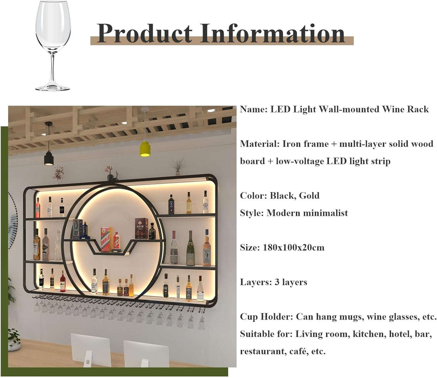 3-Tiers Metal Wine Rack Wall Mounted Modern With LED Light With Wine Glass Holder Large Liquor Bar Display Shelf,Bar Bottle Display Shelf Wine Cups Hanging Holder For Kitchen Living Room Home Decor(Go